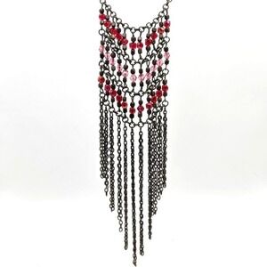 Pink‎ and Red Beaded Dangle Bronze Tone Chain Fringe Gothic Statement Necklace